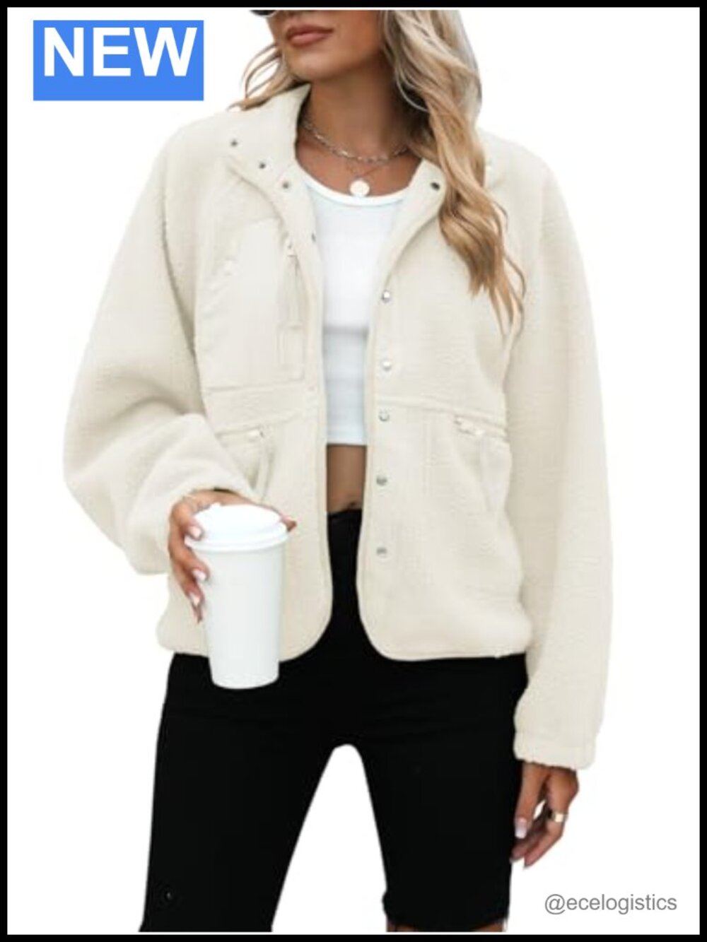 Women's Fuzzy Sherpa Fleece Jacket Button Down Cropped Trench Coat
